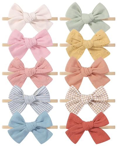 Dooboi 10 Baby Haarbänder Mädchen, Stirnband mit Schleife für Neugeborene | Elastische Baby Haarbänder aus weichem Nylon mit Schleife – bequem für Neugeborene, Babys und feines Haar.