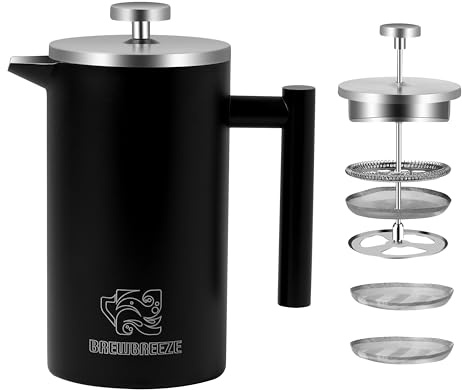 Brewbreeze French Press Kaffeebereiter, Thermo, Kaffeepresse, für Filterkaffee, 1 Liter - 5 Tassen, doppelwandig, isoliert, Edelstahl (Mattschwarz)