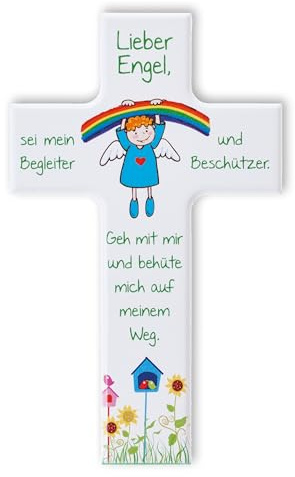 Fritz Cox Kinderkreuz aus Holz Regenbogen-Engel | Holzkreuz weiß| tolles Geschenk zur Taufe und zum Geburtstag | Lieber Engel sei mein Begleiter | für Jungen & Mädchen | 20 cm