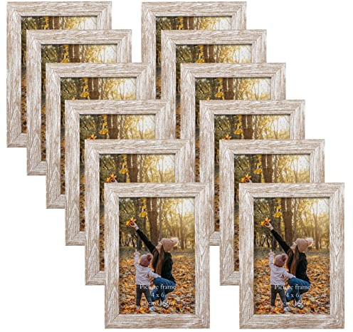 EXYGLO 12er Set Bilderrahmen 10x15 cm, Natur Fotorahmen Collage für 15x10 cm Fotos und Bilder, Kunststoff Rahmen - Wand- oder Tischaufsteller