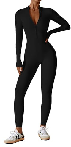 Ecupper Jumpsuits Damen Yoga Bodycon Einteiler Zip Up Overall Rompers Langärmelig Workout Outfit Schwarz L