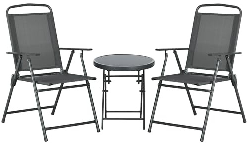 Outsunny Bistro-Set 3-teilig aus Metall Wetterfest Gartenmöbel Set mit klappbar Glastisch Gartenstühlen Outdoor Balkonmöbel Set Sitzgruppe Balkonset Gartengarnitur Dunkelgrau