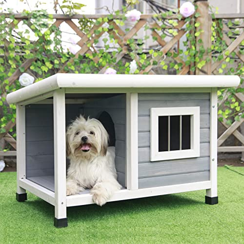 Petsfit Hundehütte Outdoor aus Holz, Hundehaus Hunde Hütte mit Balkon mit Asphalt Dach Katzenhaus Outdoor Winterfest mit Terrasse & Fenster, 85x62x52cm, Hellgrau