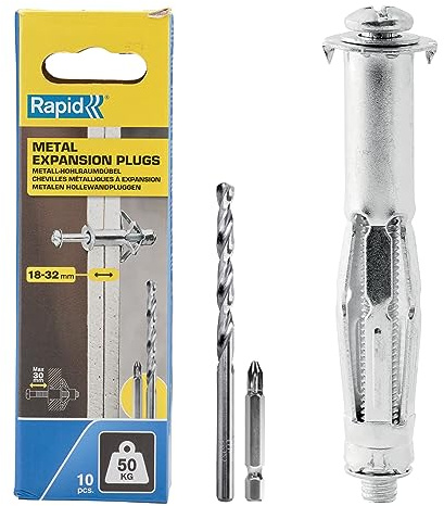 Rapid Hohlraumdübel Metall mit M6 Schraube für Gipskartonplatten 18-32 mm - Tragkraft 50 kg - Inklusive 13 mm Bohrer und PH2-Bit - Set mit 10 Dübeln für zweilagige Wände
