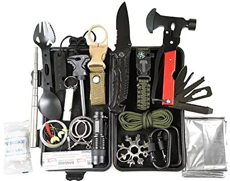 Lixada 18 in 1 Survival Kit Notfall Überlebens Kit Überlebensausrüstung Werkzeugbedarf Erste Hilfe Ausrüstung für Wandern Jagd Camping Abenteuer, Schwarz