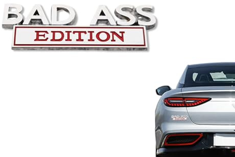 Bad Ass Edition Auto-Emblem Auto Aufkleber, 3D Metall Autoaufkleber 10x3.3cm für Tuning Fans, Lustiger Autoaufkleber für Heck, Motorhaube(Silber-Rot)