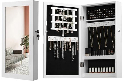 SONGMICS Schmuckschrank, Spiegelschrank, Hängeschrank, abschließbarer Wandschrank, platzsparender Schmuckorganizer, Weihnachten, Weiß-Schwarz JBC51W