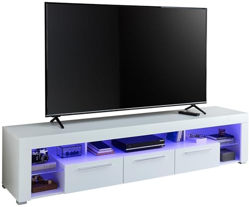 GOAL Lowboard in Hochglanz Weiß mit blauer LED-Beleuchtung - hochwertiges TV-Board mit viel Stauraum für Ihr Wohnzimmer - 200 x 44 x 44 cm (B/H/T)