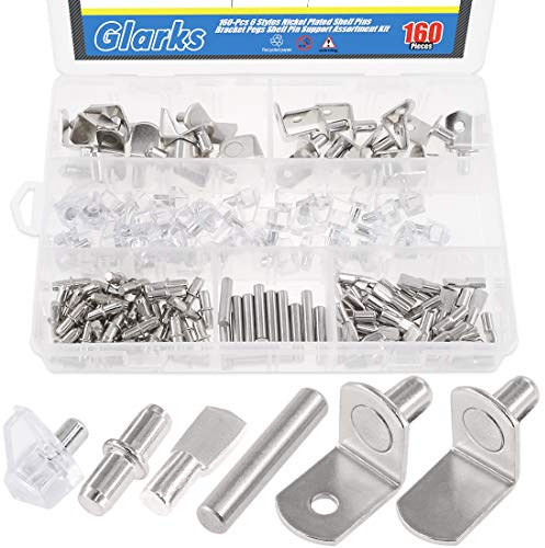Glarks Regalstifte in 6 Stilen, Nickel-Regalstütze, PVC-Regalstifte, flache Löffelheringe, zylindrische Stifthalter, L-förmige Halterung und Dübelstifte für Schränke, 160 Stück