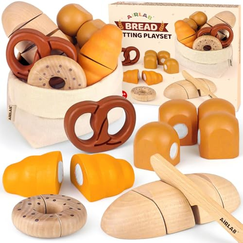 Kinderküche Spielküche Zubehör aus Holz, Küchenspielzeug Schneiden Brot Set | Holz Brot Lebensmittel Spielzeug mit Klett-Verbindung, Holzspielzeug Küche Kinder, Rollenspiel Geschenk für 3 4 5 Jahre