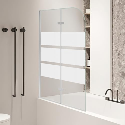 Jiubiaz Duschwand für Badewanne 100x140cm, 2-teilig faltbare Glas Duschwand, 6mm EGS Sicherheitsstreifen Badewanne Bildschirm, duschkabine Zubehör, weißer Streifen