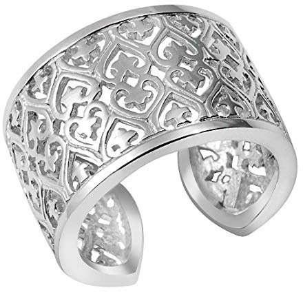 Filigraner Ring Silber 925 breit - Damenring Gr. 52-60 verstellbar SR-49 | Offener Bandring mit Kreuzen und Herzen 13mm aus rhodiniertem 925 Sterling Silber für Frauen von MATERIA by Matthias Wagner