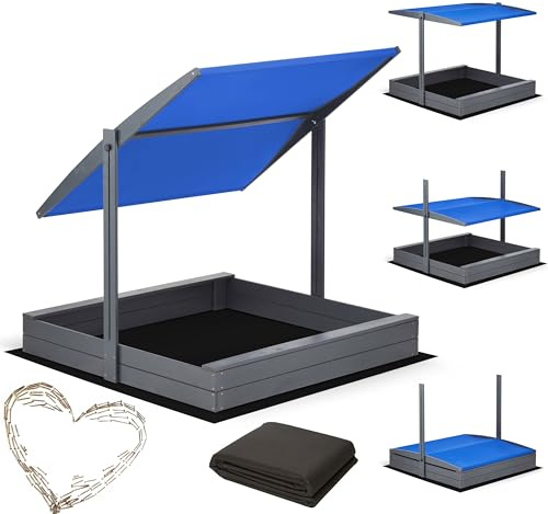 Premium Sandkasten mit Dach UV100+, inkl. Video Anleitung für Montage Sandbox mit Dach Sandkiste 120x120, Holz Sandkastenvlies 150x150