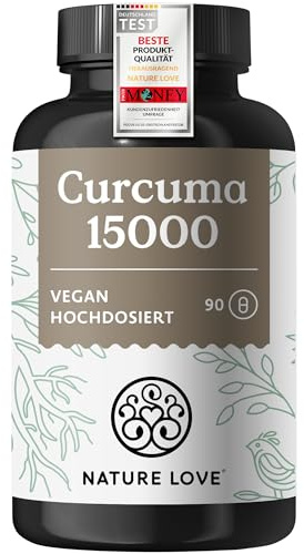 NATURE LOVE® Curcuma 15000 - Kurkuma Kapseln - 9 Monate Reichweite - hochdosiert 95% Curcumin pro Kapsel - mit schwarzem Pfeffer - vegan, laborgeprüft & in Deutschland produziert