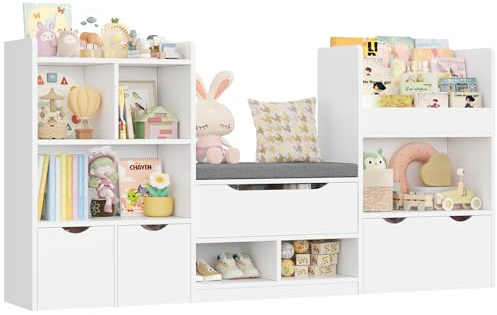 FOREHILL 183cm Breit Kinderregal mit Sitzbank, Regal für Kinderzimmer weiß | Kinderregal mit Boxen für Kinderzimmer Leseecke, Kinderzimmer Möbel, Spielzeug Aufbewahrung, Bücherregal Kinder, 183x94x29 cm