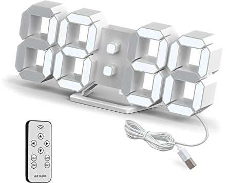 Deeyaple LED Wanduhr Digital Wecker 3D Uhr Dimmbar Snooze Modern USB 12/24Stunden Datum Temperaturanzeige Loop Display Fernbedienung Nachtlicht Wohnzimmer Küche Schlafzimmer Büro 25cm weiß