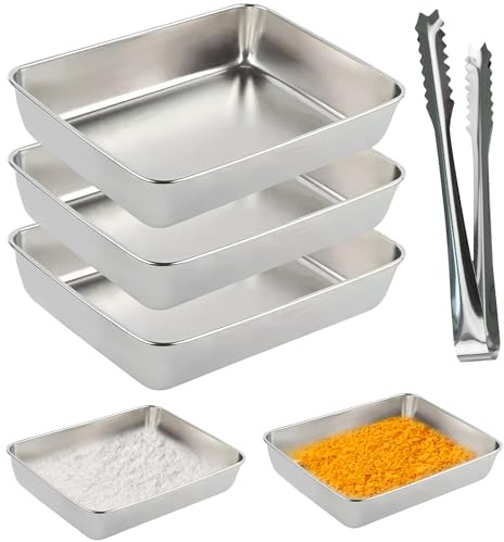 Panierschalen Set 3-Teilig mit Panierzange, 25x20x5cm Panierstraße Schnitzel, Edelstahl Schale Rechteckig,Panier Set zum Kalt Verarbeitetes Fleisch und Gemüse (Nicht Geeignet für Backöfen Oder Grills)