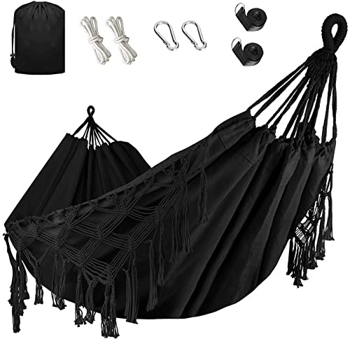 Bellzacasa große brasilianische Hängematte, Stoff Camping Hängematte mit tragbaren Taschen Seilen zum Aufhängen von Bäumen weiche Streifen Leinwand Baumwolle (Schwarz)