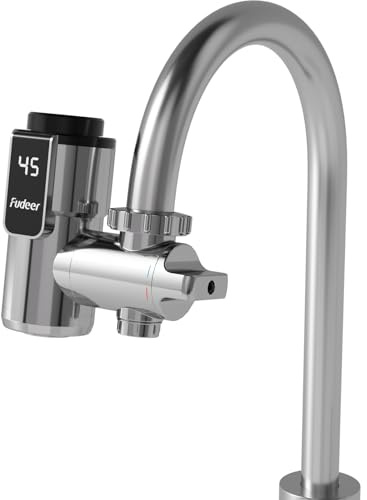 Fudeer Kompakter Durchlauferhitzer (25-45℃) Sofortige Warmwasserversorgung mit nahezu allen Wasserhähnen kompatibel Einsetzbar in Küchen,Bad,Waschküchen,Werkstätten,usw. 220–240 V(Silber)