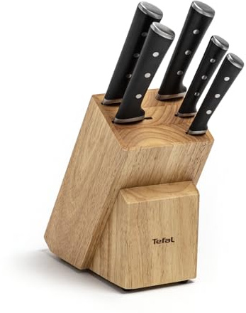 Tefal Ice Force Messerblock aus Holz, 5 Messer, Brotmesser 20 cm, Chefmesser, Santokumesser 18 cm, Gemüsemesser 11 cm, Tranchiermesser 9 cm, Edelstahl, braun/schwarz, K232S5