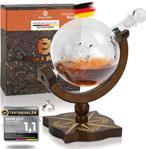 Grimm & Brothers: Kompass Karaffe ECHTHOLZ - Whisky 850ml mit Glückwunschkarte - Whiskey Zubehör - Männer Geschenke - Whisky Karafe Globus - geschenkset - alkohol - whiskey