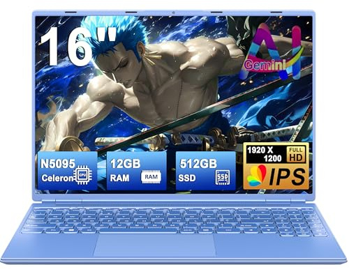 Gaming Laptop 16 Zoll Win11 12+512GB SSD Unterstützung 2TB(HDD-2TB) 1920x1200 Notebook 4-Core Celeron N5095 (bis 2.9GHz) Laptop mit Nummerntastatur WiFi Mini HDMI Deutscher Tastaturschutz-Blau