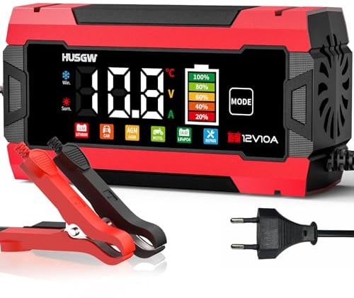12V 10A Autobatterie Ladegerät mit Farbdisplay, automatischer Abschaltung & Temperaturkompensation, für Auto/Motorrad (AGM/EFB/Gel/LiFePO4), 6-Fach Schutz(Rot 10)