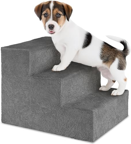 tectake® Hundetreppe oder Katzentreppe, Haustiertreppe, Einstiegshilfe mit waschbarem Bezug, extra Flache Treppenstufen, Tiertreppe für Sofa, Bett oder Auto (grau, 37 x 45 x 34,5 cm, 3)