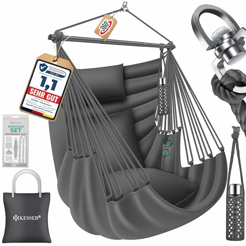 KESSER® Hängesessel Haiti 150kg Traglast, Hängestuhl 360° Drehung, Hängeschaukel Indoor-Outdoor UV-beständig & Wasserfest, Pflegeleicht, Inkl. 2 Kissen, Tragetasche, Flaschenhalter & Montage-Set
