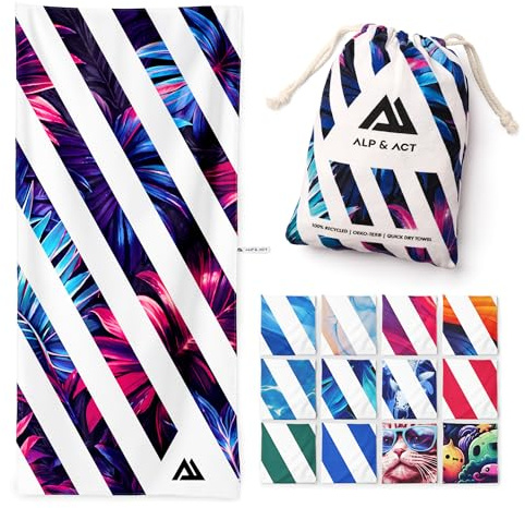 ALP & ACT Strandtuch XXL 200x90 cm - 100% recycelte Mikrofaser - EXTRA LEICHT & schnelltrocknend - großes Microfaser Handtuch für Urlaub & Strand - Badetuch inkl. Baumwollbeutel - pink blau