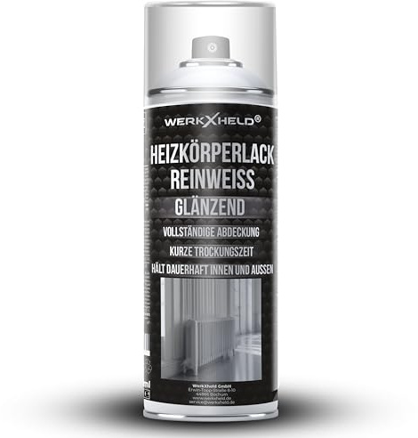 WerkXheld Heizkörperlack Reinweiß RAL 9010 glänzend – Speziallack für Heizkörper, Wasserrohre, Boiler und Metalloberflächen, Hitzebeständig, langlebiger Sprühlack, 400ml