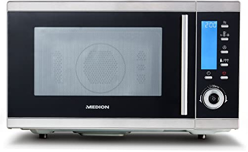 MEDION MD 15501 4 in 1 Mikrowelle mit Grill (25 Liter, 900 Watt, 1100 Watt Grill, 2500 Watt Heißluft, 10 Automatik-Programme) silber