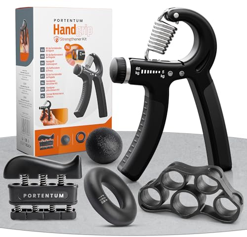 PORTENTUM Handtrainer für den Unterarm – 5-teiliges Set, verstellbarer Handgrifftrainer, Handtrainer, Fingerdehner, Griffstärkering und Anti-Stress-Ball.