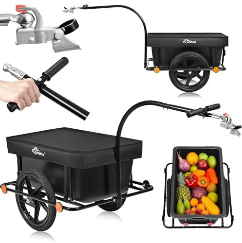 SAMAX Lastenanhänger Fahrradanhänger 90 Liter 80 Kg mit Kupplung Schutzplane und Verbindungsschelle - Transportanhänger Fahrrad Anhänger Handwagen mit Kunststoffwanne in Schwarz - Mountain