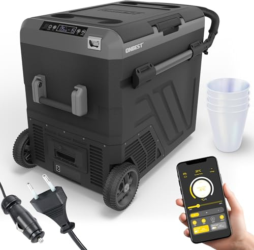 ONBEST Kompressor Kühlbox 60 L – Elektrische Kühl- und Gefrierbox mit Teleskopgriff – 12V/230V Anschluss – Ideal für Auto, Camping und Outdoor – Integriertes Zubehör