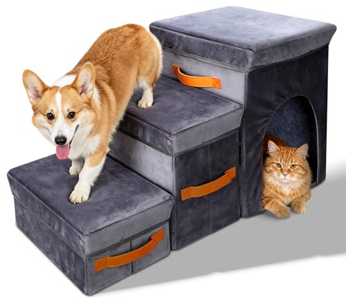 Thihome Haustiertreppe 3 Stufen, Faltbare Hundetreppe mit Aufbewahrungsbox | Hunderampe Rutschfest, mit Katzenloch und Waschbarem, Hunde Treppe Katzentreppe für Bett und Sofa,34x78x45cm, Grau