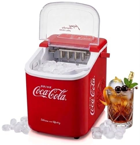 Salco Coca-Cola Retro Eiswürfelmaschine – Schneller Eiswürfelbereiter für Party,Camping & Home,9 Würfel in 7-11 Min,Mobiler Eismacher mit Tragebügel,10k/24h, Inkl.Schaufel & Korb, Rot (Ink. Adapter)