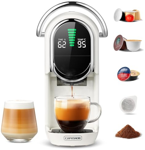 Magician1 Mini Kaffeepadmaschine 5-in-1 für Nespresso, Dolce Gusto, Lavazza A Modo Mio Kapseln, ESE 44 mm Kaffeepads und gemahlener Kaffee, 20Bar, 1450 W, LED-Display, Wasser in einstellbar 7 Stufen