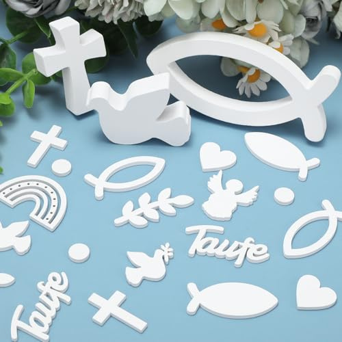 88 Stück Reine Weiße Taufe Deko, Individuelles Holz Streudeko Set mit Fischen, Tauben, Kreuzen, Herzen und Mehr für Tischdekor, Babyshower und Kommunion