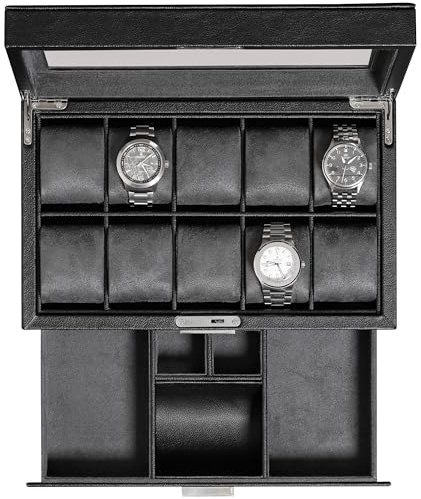 ROTHWELL Leder-Uhrenbox mit 10 Fächern, Luxus-Uhrenetui, Display-Organizer, abschließbarer Schmuck-Uhrenhalter mit Glasdeckel (Schwarz/Grau)