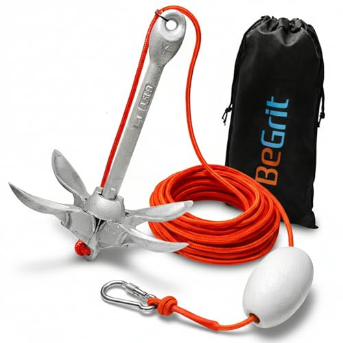 BeGrit Verzinkt Anker Gusseisen Faltanker 1,5KG Ankerset (Silber) | mit Ø 6mm 10 Meter Ankerleine Für Boot SUP Paddle