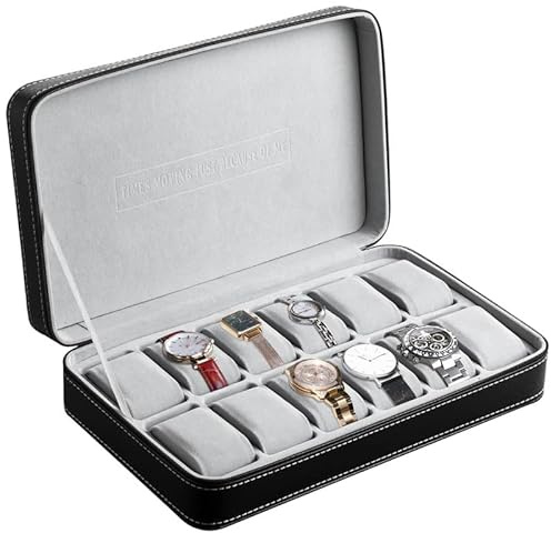OSVINO Uhrenbox 6/10/12 Uhren Herren Schwarz Uhrenkasten Uhrenkissen aus Samt, Reise Schmuckkästchen Uhren Aufbewahrungsbox Mit Reißverschluss aus PU Leder (Schwarz, 12)