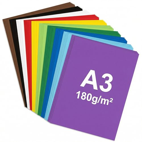 QWORK® 50 Stück A3 Tonkarton 180gsm, 10 Farben, Buntes Fotokarton Set Zum Basteln & Drucken