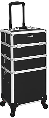 SONGMICS Kosmetikkoffer, Trolley, 3-in-1 Schminkkoffer, groß, Friseurkoffer, 35 x 25 x 69,8 cm, abschließbar, Make-up Koffer, 360° drehbare Rollen, für Reisen, Geschenkidee, schwarz JHZ01B