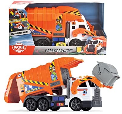 Dickie 186380 Toys Müllauto, Müllabfuhrwagen, Müllwagen, Spielzeugauto, batteriebetriebene Gabel mit Mülltonne, Kippfunktion, Licht & Sound, inkl. Batterien, 46 cm groß, ab 3 Jahren