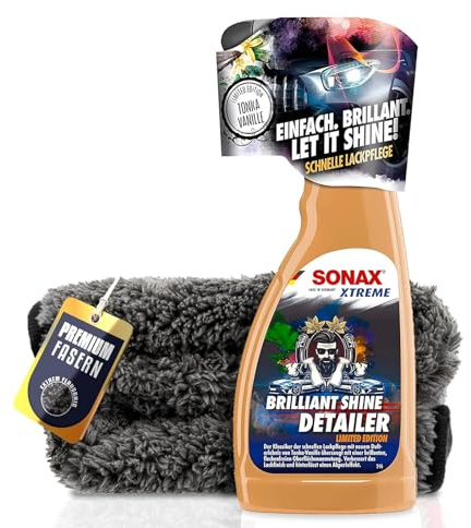 Auto Lackreiniger Set | SONAX XTREME Brilliant Shine Detailer 500ml + Poliertuch | Reiniger zur schnellen Lackpflege für frischen Glanz mit Wasserabperleffekt