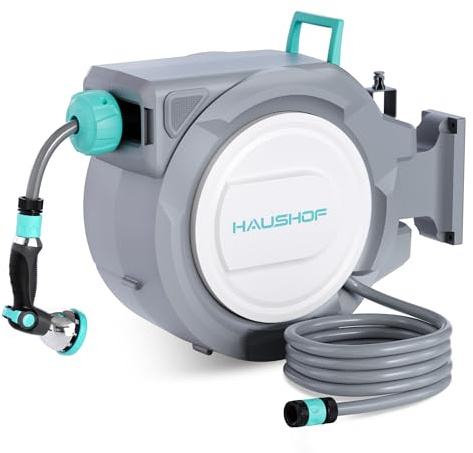 HAUSHOF Schlauchtrommel 30+2m Gartenschlauchaufroller mit 180° Schwenkbarer Wandhalterung und 10 Sprühmodi, Wandmontage Schlauchbox mit Automatisches Aufrollen für Garten, Autowäsche
