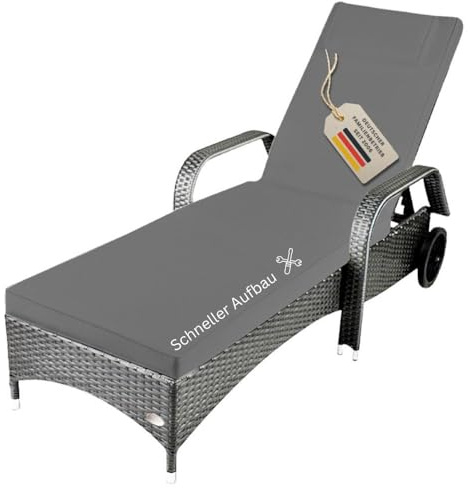 RS Trade Sonnenliege Gartenliege Toscana Wetterfest mit Rollen – Polyrattan Rattan Liege Outdoor mit Armlehne, Verstellbare Relaxliege für Garten, Terrasse, Balkon, grau mit Grauer Auflage & Kissen