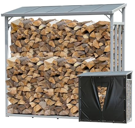 QUICK STAR Aluminium Kaminholzregal Außen 185 x 70 x 185 cm Mit Wetterschutz Schwarz, Pro - 40 mm Aluprofil, Grau, Wetterfest, Kapazität 2,3 m³ (3,5 SRM), XXL Garten Kaminholzunterstand Stapelhilfe
