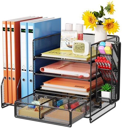 Casavibe Schreibtisch Organizer mit Aktenhalter - 5-Tier Briefablage Ablagefächer mitSchublade,4 Stithalter, Schreibtisch-Aufbewahrung, Zeitschriftenhalter fürBürobedarf (schwarz)